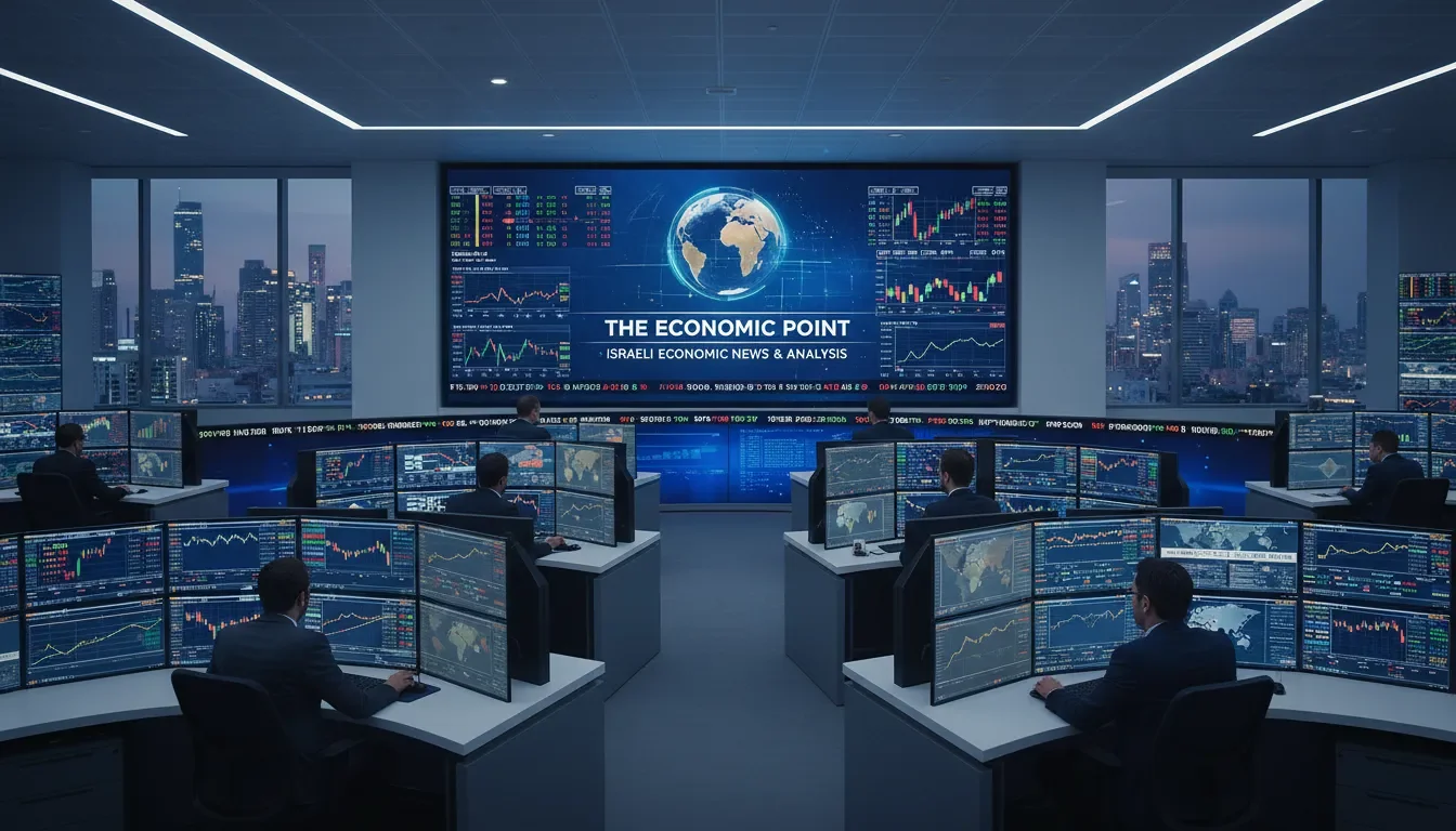 חדר חדשות כלכליות מודרני עם מסכים מרובים המציגים מידע כלכלי