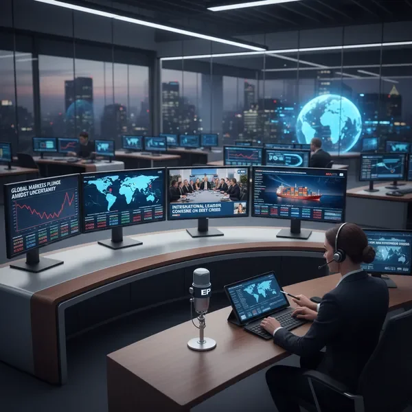 שולחן חדשות עם מסכים מרובים המציגים אירועים כלכליים גלובליים